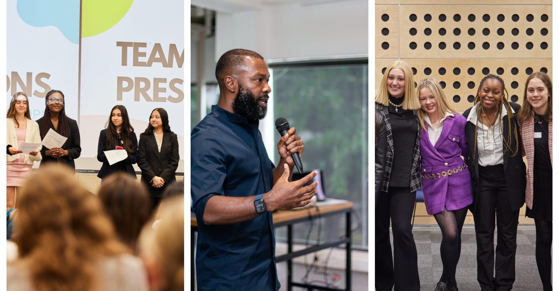 collage of girls giving a team presentation, a male speaker, and group of girls smiling after a presentation