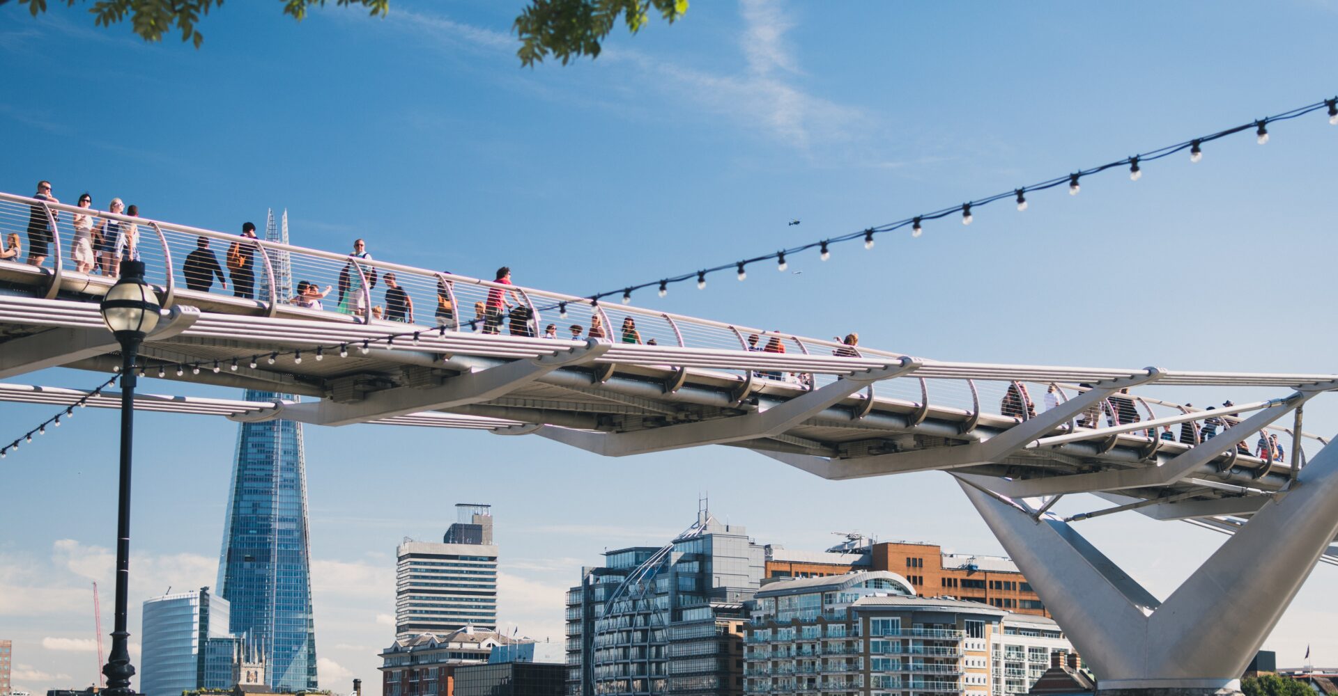 People walking over a bridge.