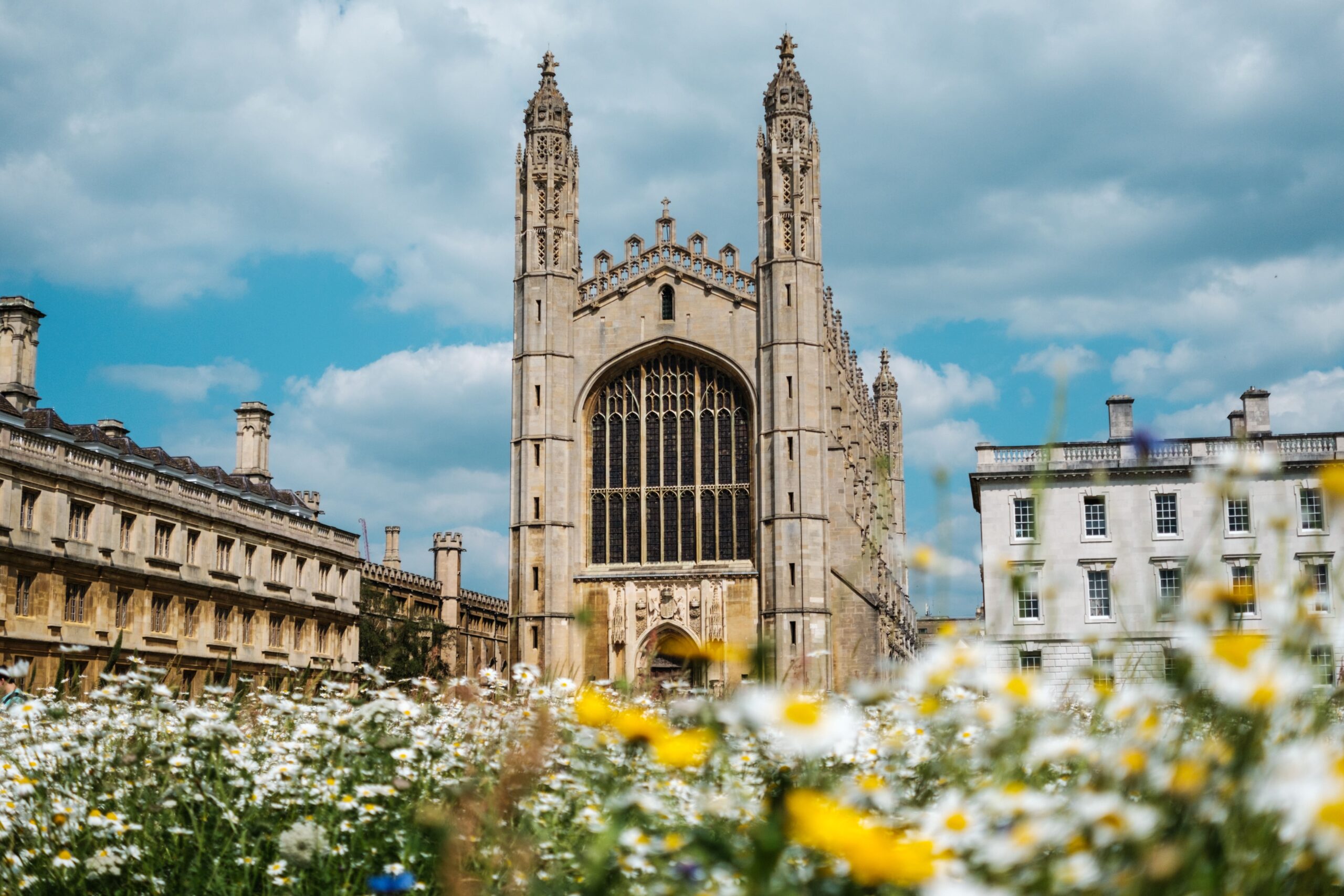 King's College Chapel in Cambridge seen from a meadow of wild summer flowers.